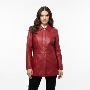 DANIER RED LEATHER JACKET BUTTON FRONT COLLARED WOMAN SIZE 12